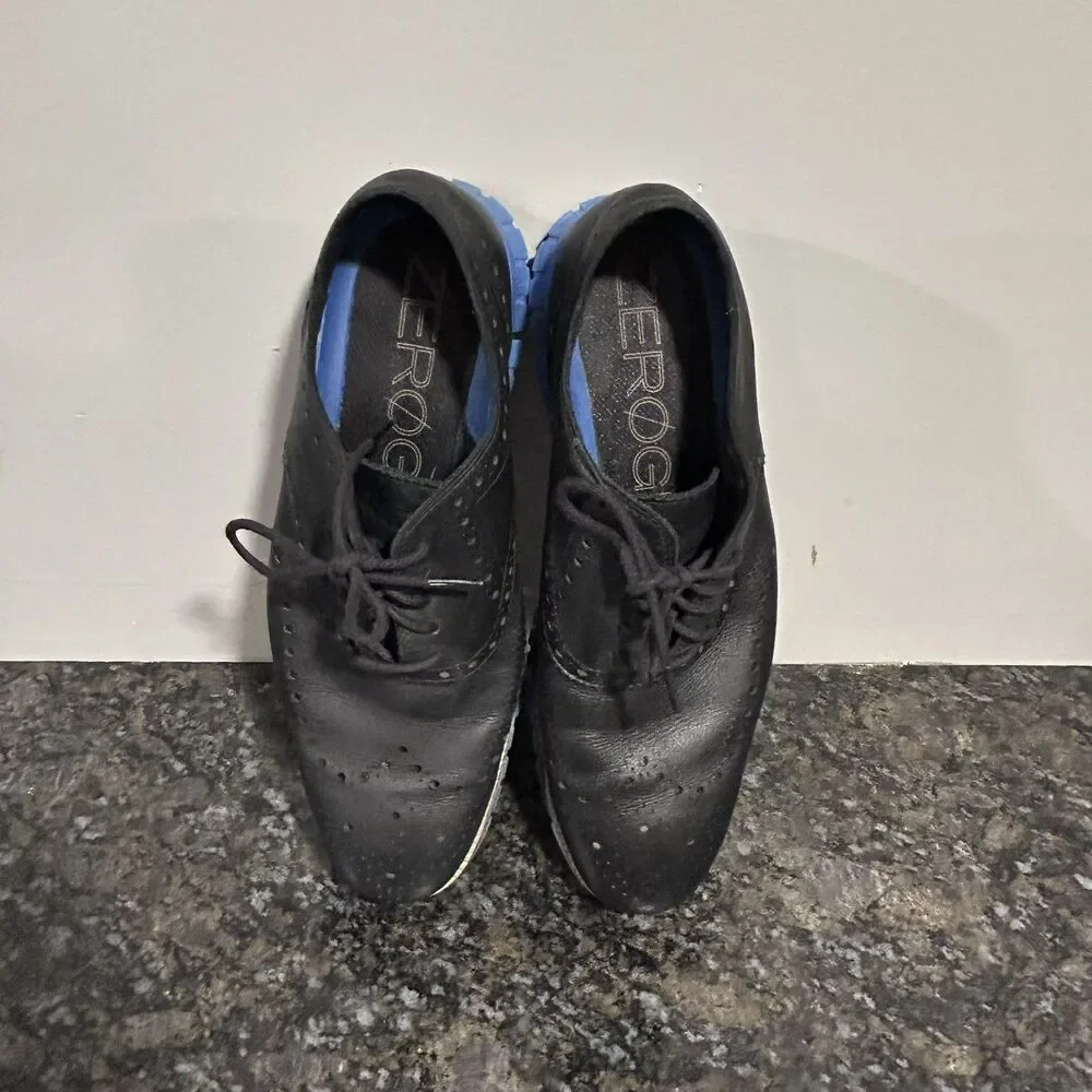 Men 11 M Cole Haan Water Resistant Zerogrand Black Leather Blue Wingtip C23746